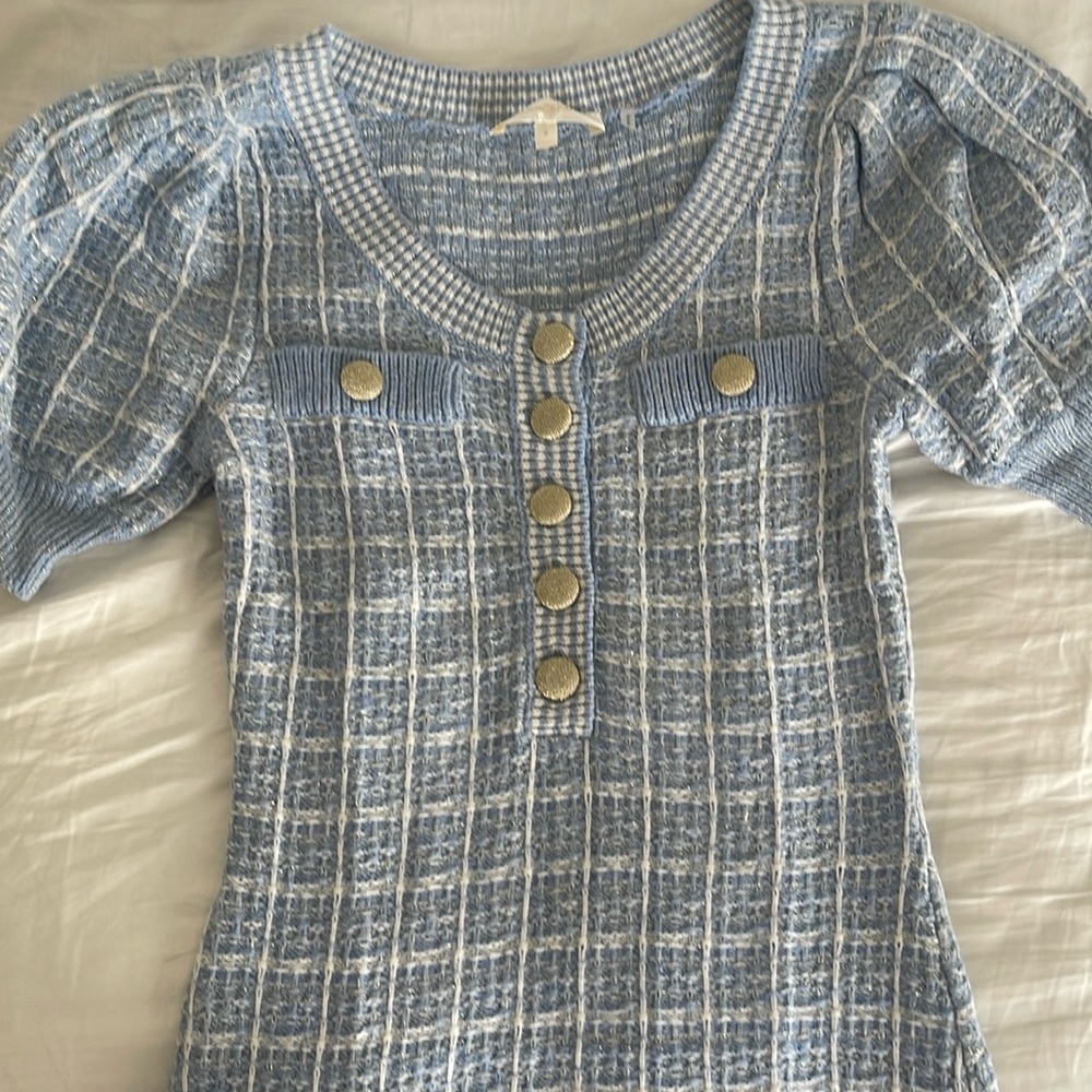 Loveshackfancy blue and white knit feminine dress